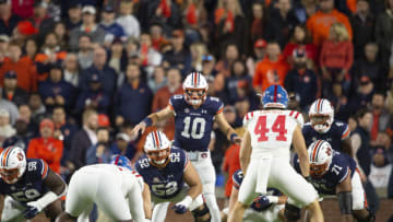 Auburn footballAUBURN, ALABAMA - OCTOBER 30: Qarterback Bo Nix #10 of the Auburn Tigers calls a play to his team during their game against the Mississippi Rebels at Jordan-Hare Stadium on October 30, 2021 in Auburn, Alabama. (Photo by Michael Chang/Getty Images)