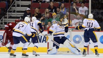 Mar 9, 2015; Glendale, AZ, USA; Arizona Coyotes center Kyle Chipchura (not pictured) scores a goal against Nashville Predators goalie Pekka Rinne (35) during the third period at Gila River Arena. The Predators won 2-1 in overtime. Mandatory Credit: Joe Camporeale-USA TODAY Sports