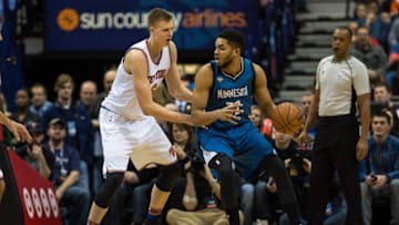 Feb 20, 2016; Minneapolis, MN, USA; Minnesota Timberwolves center Karl-Anthony Towns (32) backs down on New York Knicks forward Kristaps Porzingis (6) at Target Center. The Knicks defeated the Timberwolves 103-95. Mandatory Credit: Brace Hemmelgarn-USA TODAY Sports