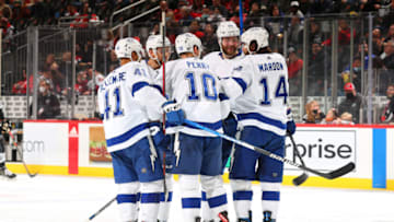 NEWARK, NJ - FEBRUARY 15: Victor Hedman #77 of the Tampa Bay Lightning celebrates with teammates after scoring against the New Jersey Devils on February 15, 2022 at the Prudential Center in Newark, New Jersey. (Photo by Rich Graessle/Getty Images)