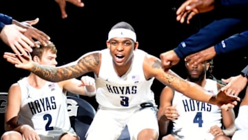WASHINGTON, DC - NOVEMBER 06: James Akinjo #3 of the Georgetown Hoyas is introduced before a basketball game against the Mount St. Mary's Mountaineers at Capital One Arena on November 6, 2019 in Washington, DC. (Photo by Mitchell Layton/Getty Images)
