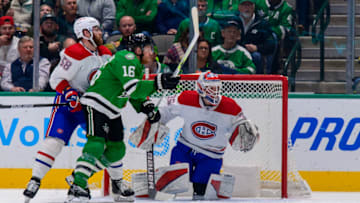 Jan 18, 2022; Dallas, Texas, USA; Montreal Canadiens defenseman David Savard (58) and goaltender Sam Montembeault (35) defend against Dallas Stars center Joe Pavelski (16) during the first period at the American Airlines Center. Mandatory Credit: Jerome Miron-USA TODAY Sports
