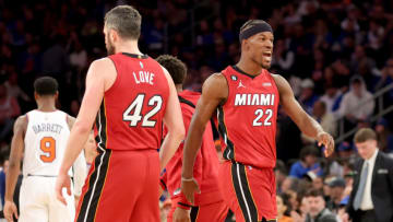 Apr 30, 2023; New York, New York, USA; Miami Heat forward Jimmy Butler (22) reacts during the third quarter of game one of the 2023 NBA Eastern Conference semifinal playoffs against the New York Knicks at Madison Square Garden. Mandatory Credit: Brad Penner-USA TODAY Sports