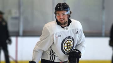 BOSTON - MAY 11: Boston Bruins' Charlie McAvoy smiles after taking a shot during practice at Warrior Arena in the Brighton neighborhood of Boston ahead of Game 2 of the NHL Eastern Conference Finals against the Carolina Hurricanes on May 11, 2019. (Photo by John Tlumacki/The Boston Globe via Getty Images)