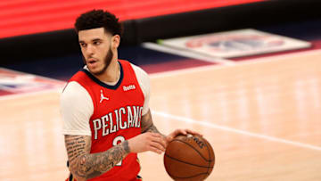 WASHINGTON, DC - APRIL 16: Lonzo Ball #2 of the New Orleans Pelicans dribbles the ball against the Washington Wizards in the second half at Capital One Arena on April 16, 2021 in Washington, DC. NOTE TO USER: User expressly acknowledges and agrees that, by downloading and or using this photograph, User is consenting to the terms and conditions of the Getty Images License Agreement. (Photo by Rob Carr/Getty Images)