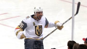 WINNIPEG, MB - MAY 20: Ryan Reaves #75 of the Vegas Golden Knights celebrates his second period goal against the Winnipeg Jets in Game Five of the Western Conference Final during the 2018 NHL Stanley Cup Playoffs at the Bell MTS Place on May 20, 2018 in Winnipeg, Manitoba, Canada. (Photo by Jonathan Kozub/NHLI via Getty Images)