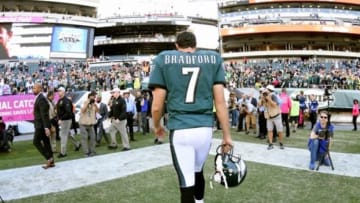 Oct 11, 2015; Philadelphia, PA, USA; Philadelphia Eagles quarterback Sam Bradford (7) walks off the field after win against the New Orleans Saints at Lincoln Financial Field. The Eagles defeated the Saints, 39-17. Mandatory Credit: Eric Hartline-USA TODAY Sports