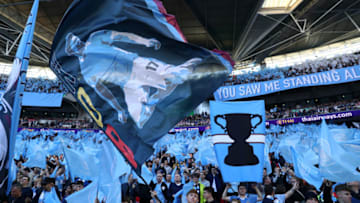 LONDON, ENGLAND - FEBRUARY 24: Manchester City fans show their support prior to the Carabao Cup Final between Chelsea and Manchester City at Wembley Stadium on February 24, 2019 in London, England. (Photo by Clive Rose/Getty Images)