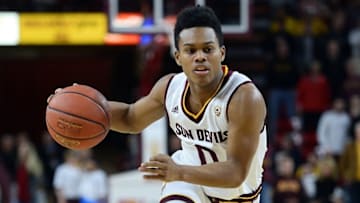 Dec 28, 2015; Tempe, AZ, USA; Arizona State Sun Devils guard Tra Holder (0) dribbles the ball against the Cal State Bakersfield Roadrunners during the first half at Wells-Fargo Arena. The Sun Devils won 75-59. Mandatory Credit: Joe Camporeale-USA TODAY Sports