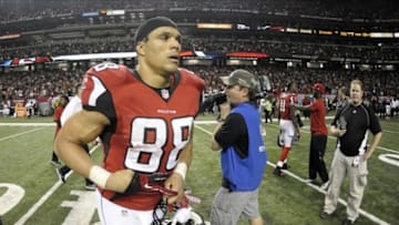 Jan 20, 2013; Atlanta, GA, USA; Atlanta Falcons tight end Tony Gonzalez (88) reacts after losing the NFC Championship game against the San Francisco 49ers at the Georgia Dome. The 49ers won 28-24. Mandatory Credit: Dale Zanine-USA TODAY Sports