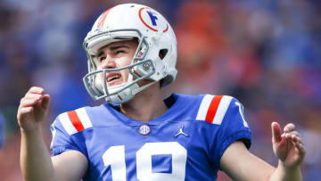 GAINESVILLE, FLORIDA - OCTOBER 05: Evan McPherson #19 of the Florida Gators kicks an extra point during the first quarter of a game against the Auburn Tigers at Ben Hill Griffin Stadium on October 05, 2019 in Gainesville, Florida. (Photo by James Gilbert/Getty Images)