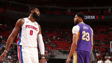 DETROIT, MI - FEBRUARY 12: Andre Drummond #0 of the Detroit Pistons and Anthony Davis #23 of the New Orleans Pelicans seen during the game on February 12, 2018 at Little Caesars Arena in Detroit, Michigan. NOTE TO USER: User expressly acknowledges and agrees that, by downloading and/or using this photograph, User is consenting to the terms and conditions of the Getty Images License Agreement. Mandatory Copyright Notice: Copyright 2018 NBAE (Photo by Brian Sevald/NBAE via Getty Images)