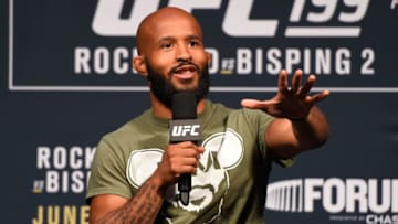 INGLEWOOD, CA - JUNE 03: UFC flyweight champion Demetrious Johnson interacts with fans during a Q