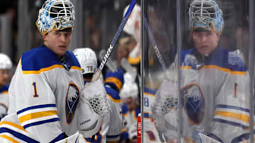 Mar 2, 2023; Boston, Massachusetts, USA; Buffalo Sabres goaltender Ukko-Pekka Luukkonen (1) takes a break at the bench during the third period against the Boston Bruins at TD Garden. Mandatory Credit: Winslow Townson-USA TODAY Sports