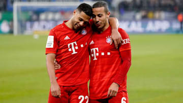 GELSENKIRCHEN, GERMANY - MARCH 3: (L-R) Serge Gnabry of Bayern Munchen, Thiago of Bayern Munchen celebrates the victory during the German DFB Pokal match between Schalke 04 v Bayern Munchen at the Veltins Arena on March 3, 2020 in Gelsenkirchen Germany (Photo by Jeroen Meuwsen/Soccrates/Getty Images)