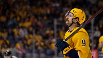 Filip Forsberg #9 of the Nashville Predators skates in a stoppage against the Montreal Canadiens during the third period at Bridgestone Arena on January 3, 2023 in Nashville, Tennessee. Nashville defeats Montreal 6-3. (Photo by Brett Carlsen/Getty Images)
