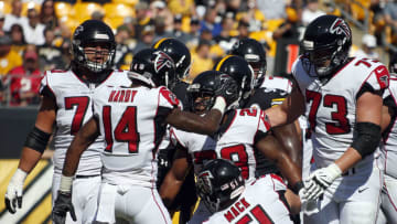 PITTSBURGH, PA - AUGUST 20: Terron Ward #28 of the Atlanta Falcons celebrates with teammates after rushing for a 5 yard touchdown in the first quarter against the Pittsburgh Steelers during a preseason game at Heinz Field on August 20, 2017 in Pittsburgh, Pennsylvania. (Photo by Justin K. Aller/Getty Images)