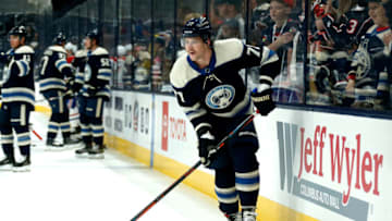 COLUMBUS, OH - NOVEMBER 19: Josh Anderson #77 of the Columbus Blue Jackets warms up prior to the start of the game against the Montreal Canadiens on November 19, 2019 at Nationwide Arena in Columbus, Ohio. (Photo by Kirk Irwin/Getty Images)