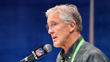 INDIANAPOLIS, INDIANA - FEBRUARY 25: Head coach Pete Carroll of the Seattle Seahawks interviews during the first day of the NFL Scouting Combine at Lucas Oil Stadium on February 25, 2020 in Indianapolis, Indiana. (Photo by Alika Jenner/Getty Images)