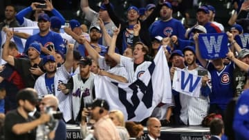 Nov 1, 2016; Cleveland, OH, USA; Chicago Cubs fans wave W flags after game six of the 2016 World Series against the Cleveland Indians at Progressive Field. Mandatory Credit: Ken Blaze-USA TODAY Sports
