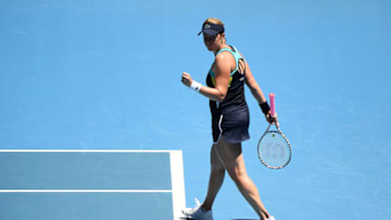 MELBOURNE, AUSTRALIA - JANUARY 29: Anastasia Pavlyuchenkova of Russia celebrates after winning a point during her Women's Singles Quarterfinal match against Garbine Muguruza of Spain on day ten of the 2020 Australian Open at Melbourne Park on January 29, 2020 in Melbourne, Australia. (Photo by Quinn Rooney/Getty Images)