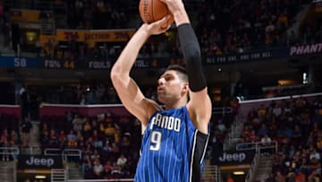 CLEVELAND, OH - OCTOBER 21: Nikola Vucevic #9 of the Orlando Magic shoots the ball against the Cleveland Cavaliers on October 21, 2017 at Quicken Loans Arena in Cleveland, Ohio. NOTE TO USER: User expressly acknowledges and agrees that, by downloading and or using this Photograph, user is consenting to the terms and conditions of the Getty Images License Agreement. Mandatory Copyright Notice: Copyright 2017 NBAE (Photo by David Liam Kyle/NBAE via Getty Images)