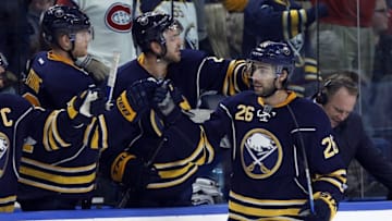 Oct 13, 2016; Buffalo, NY, USA; Buffalo Sabres left wing Matt Moulson (26) celebrates his goal during the third period against Montreal Canadiens at KeyBank Center. The Canadiens beat the Sabres 4-1. Mandatory Credit: Kevin Hoffman-USA TODAY Sports
