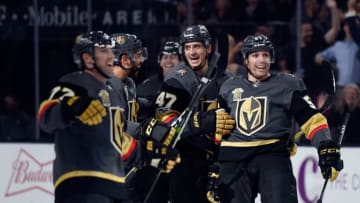 LAS VEGAS, NV - OCTOBER 17: David Perron (R)