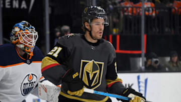 LAS VEGAS, NEVADA - FEBRUARY 26: Nick Cousins #21 of the Vegas Golden Knights stands in the crease in front of Mikko Koskinen #19 of the Edmonton Oilers in the second period of their game at T-Mobile Arena on February 26, 2020 in Las Vegas, Nevada. The Golden Knights defeated the Oilers 3-0. (Photo by Ethan Miller/Getty Images)