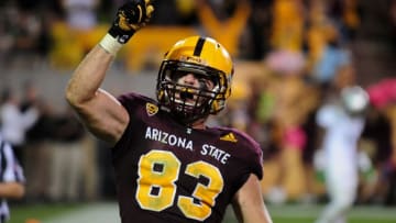 Oct 29, 2015; Tempe, AZ, USA; Arizona State Sun Devils tight end Kody Kohl (83) celebrates after a 5 yard touchdown during the second half against the Oregon Ducks at Sun Devil Stadium. Mandatory Credit: Matt Kartozian-USA TODAY Sports