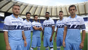 ROME, ITALY - AUGUST 17: Ciro Immobile, Luis Alberto, Marco Parolo, Fortuna Wallace, Sergej Milinkovic Savic eand Senad Lulc SS Lazio unveils new sponsor Marathonbet at Olimpico Stadium on August 17, 2018 in Rome, Italy. (Photo by Marco Rosi/Getty Images)