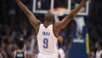 Dec 9, 2014; Oklahoma City, OK, USA; Oklahoma City Thunder forward Serge Ibaka (9) reacts against the Milwaukee Bucks during the second quarter at Chesapeake Energy Arena. Mandatory Credit: Mark D. Smith-USA TODAY Sports