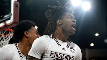 Jan 28, 2023; Starkville, Mississippi, USA; Mississippi State Bulldogs forward Tyler Stevenson (14) reacts after a basket during the second half against the TCU Horned Frogs at Humphrey Coliseum. Mandatory Credit: Petre Thomas-USA TODAY Sports