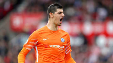 STOKE ON TRENT, ENGLAND - SEPTEMBER 23: Thibaut Courtois of Chelsea celebrates his side's first goal during the Premier League match between Stoke City and Chelsea at Bet365 Stadium on September 23, 2017 in Stoke on Trent, England. (Photo by Richard Heathcote/Getty Images)