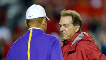 TUSCALOOSA, AL - NOVEMBER 07: Head Coach Les Miles (L) of the LSU Tigers talks with Nick Saban (R) head coach of the Alabama Crimson Tide before the game at Bryant-Denny Stadium on November 7, 2015 in Tuscaloosa, Alabama. (Photo by Kevin C. Cox/Getty Images)