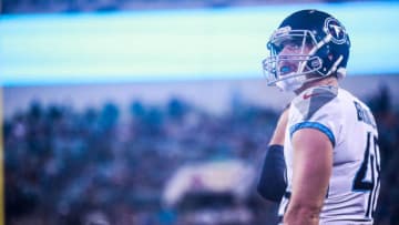 JACKSONVILLE, FLORIDA - SEPTEMBER 19: Tennessee Titans long snapper Beau Brinkley #48 looks on from the sidelines in the second half of their game against the Jacksonville Jaguars at TIAA Bank Field on September 19, 2019 in Jacksonville, Florida. (Photo by Harry Aaron/Getty Images)