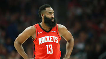 LOS ANGELES, CA - DECEMBER 19: James Harden #13 of the Houston Rockets looks on during the game against the LA Clippers on December 19, 2019 at STAPLES Center in Los Angeles, California. NOTE TO USER: User expressly acknowledges and agrees that, by downloading and/or using this Photograph, user is consenting to the terms and conditions of the Getty Images License Agreement. Mandatory Copyright Notice: Copyright 2019 NBAE (Photo by Chris Elise/NBAE via Getty Images)