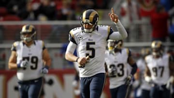 Jan 3, 2016; Santa Clara, CA, USA; St. Louis Rams quarterback Nick Foles (5) jogs onto the field before the start of the game against the San Francisco 49ers at Levi