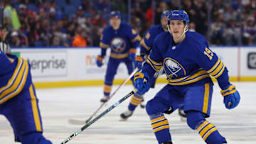Jan 12, 2023; Buffalo, New York, USA; Buffalo Sabres center Peyton Krebs (19) looks for the puck during the second period against the Winnipeg Jets at KeyBank Center. Mandatory Credit: Timothy T. Ludwig-USA TODAY Sports