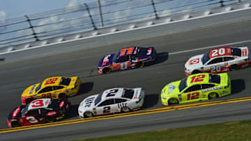 DAYTONA BEACH, FL - FEBRUARY 11: Austin Dillon, driver of the #3 DOW Chevrolet, Joey Logano, driver of the #22 Shell Pennzoil Ford, Brad Keselowski, driver of the #2 Miller Lite Ford, Denny Hamlin, driver of the #11 FedEx Express Toyota, Ryan Blaney, driver of the #12 Menards/Peak Ford, and Erik Jones, driver of the #20 Circle K Toyota, race during the Monster Energy NASCAR Cup Series Advance Auto Parts Clash at Daytona International Speedway on February 11, 2018 in Daytona Beach, Florida. (Photo by Jared C. Tilton/Getty Images)