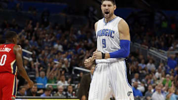 Nov 16, 2016; Orlando, FL, USA; Orlando Magic center Nikola Vucevic (9) celebrates after scoring against the New Orleans Pelicans during the second half at Amway Center. The Magic won 89-82. Mandatory Credit: Kim Klement-USA TODAY Sports