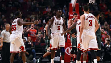 Oct 6, 2015; Chicago, IL, USA; Chicago Bulls forward Bobby Portis (5) reacts after a foul call against the Milwaukee Bucks during the second half at United Center. Mandatory Credit: Mike DiNovo-USA TODAY Sports