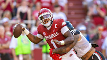 Arkansas Razorbacks quarterback KJ Jefferson is sacked by Cincinnati Bearcats linebacker Ivan Pace. Getty Images.