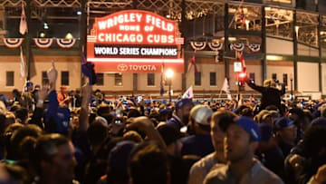 Nov 2, 2016; Chicago, IL, USA; Chicago Cubs fans celebrate after game seven of the 2016 World Series against the Cleveland Indians outside of Wrigley Field. Cubs won 8-7. Mandatory Credit: Patrick Gorski-USA TODAY Sports