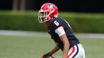 ATHENS, GA - APRIL 17: Defensive back Jalen Kimber #6 of the Georgia Bulldogs lines up during the second half of the G-Day spring game at Sanford Stadium on April 17, 2021 in Athens, Georgia. (Photo by Todd Kirkland/Getty Images)