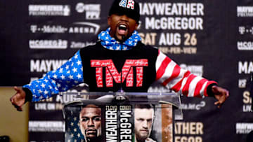 LOS ANGELES, CA - JULY 11: Floyd Mayweather Jr. speaks during the Floyd Mayweather Jr. v Conor McGregor World Press Tour at Staples Center on July 11, 2017 in Los Angeles, California. (Photo by Harry How/Getty Images)