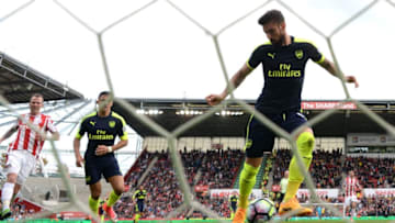 STOKE ON TRENT, ENGLAND - MAY 13: Olivier Giroud of Arsenal scores his sides first goal during the Premier League match between Stoke City and Arsenal at Bet365 Stadium on May 13, 2017 in Stoke on Trent, England. (Photo by Gareth Copley/Getty Images)