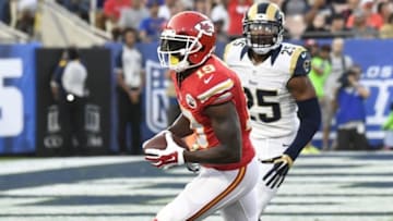 Aug 20, 2016; Los Angeles, CA, USA; Kansas City Chiefs wide receiver Jeremy Maclin (19) scores a touchdown in front of Los Angeles Rams safety T.J. McDonald (25) during the second quarter at Los Angeles Memorial Coliseum. Mandatory Credit: Richard Mackson-USA TODAY Sports