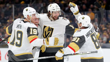Nicolas Hague #14 of the Vegas Golden Knights celebrates with Nate Schmidt #88, Reilly Smith #19 and Jonathan Marchessault #81 after scoring a goal against the Boston Bruins. (Photo by Maddie Meyer/Getty Images)