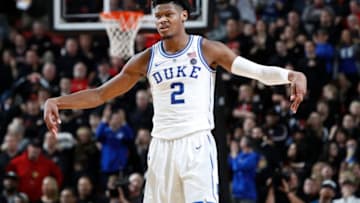 LOUISVILLE, KY - FEBRUARY 12: Cam Reddish #2 of the Duke Blue Devils reacts after hitting a three-point shot against the Louisville Cardinals in the second half of the game at KFC YUM! Center on February 12, 2019 in Louisville, Kentucky. Duke came from behind to win 71-69. (Photo by Joe Robbins/Getty Images)